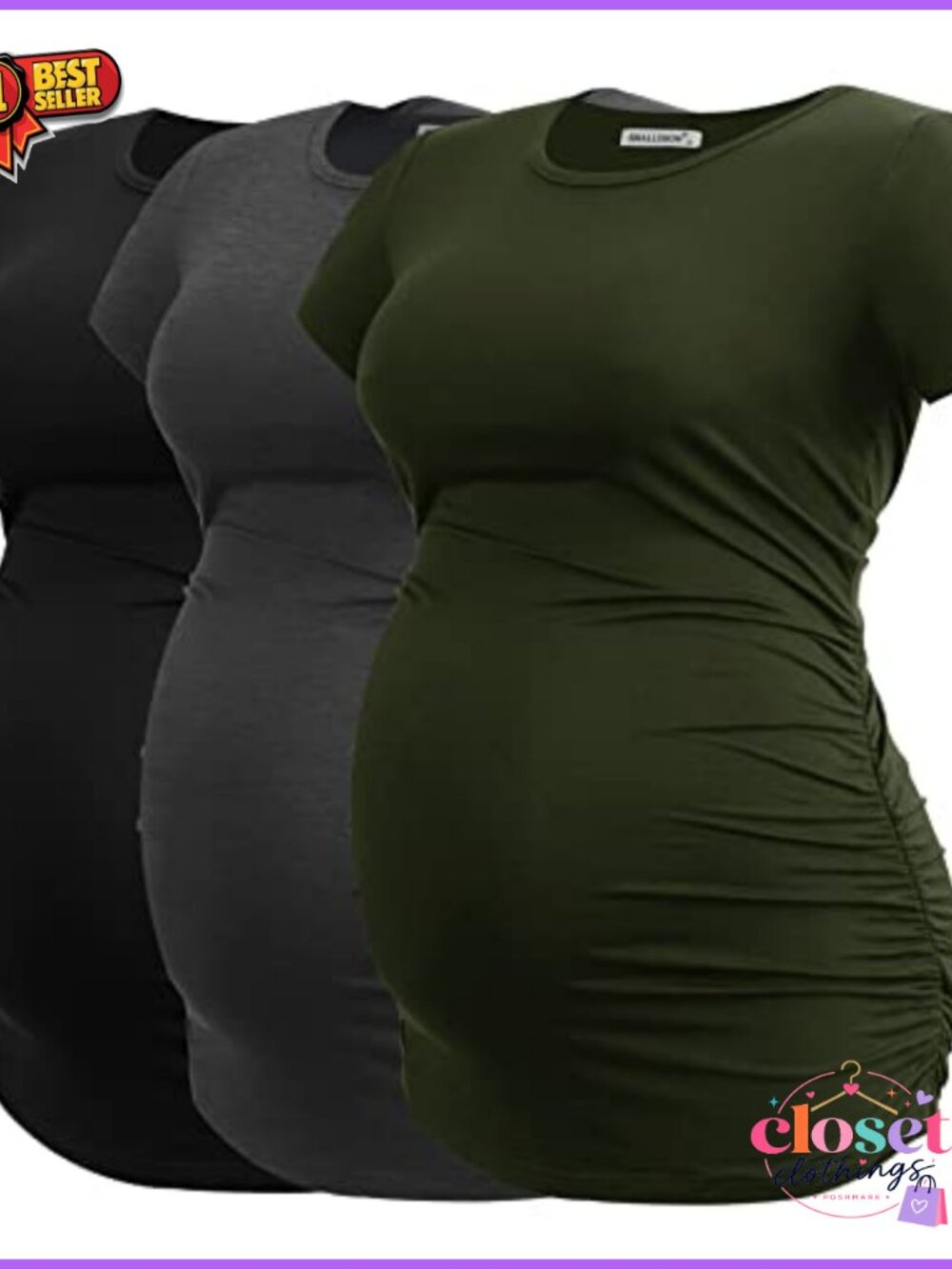 3 Pack Maternity T-Shirts Ruched Side Modal Rayon Short Sleeve